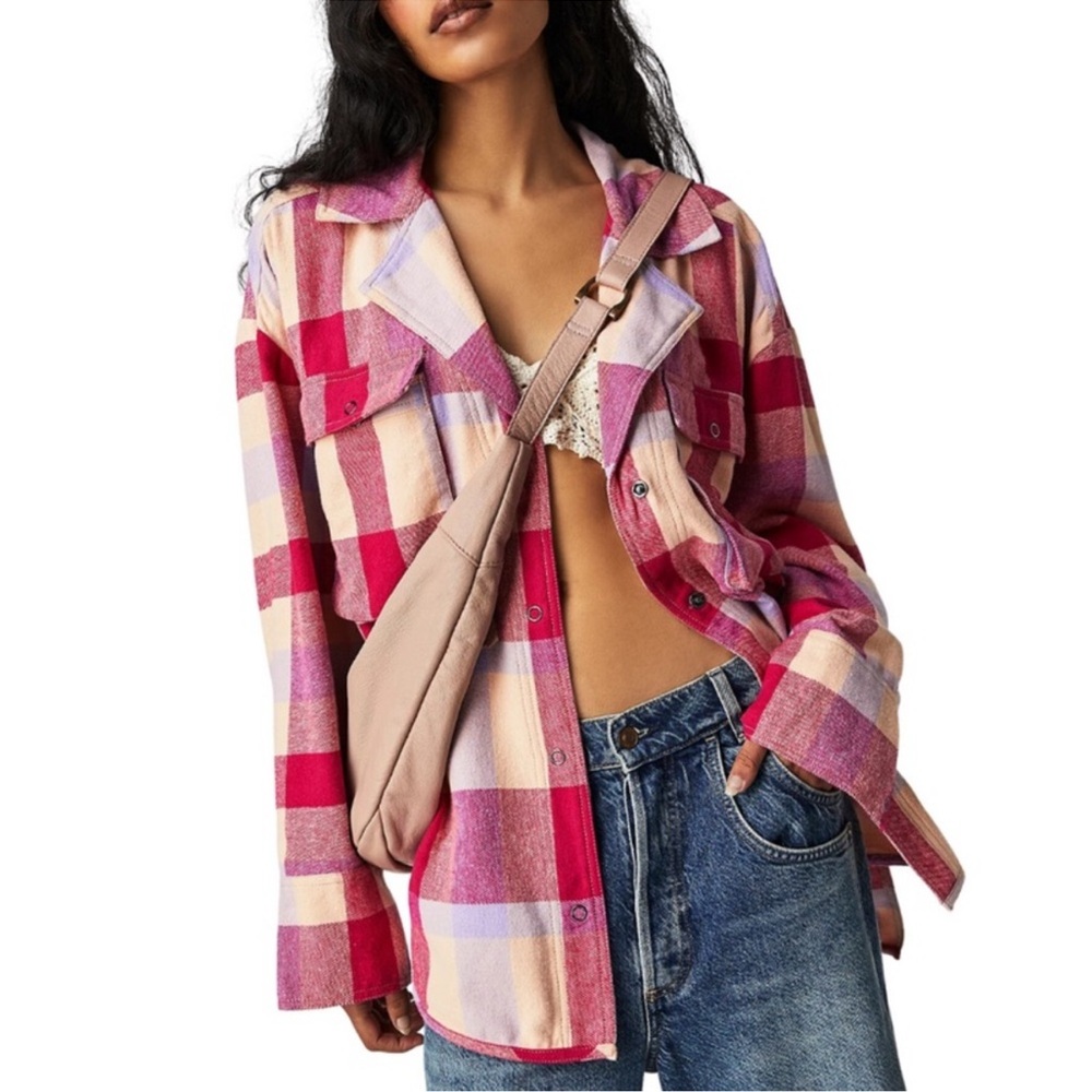 Free People We The Free Izzie Plaid Flannel Cargo Shirt Jacket Shacket Small